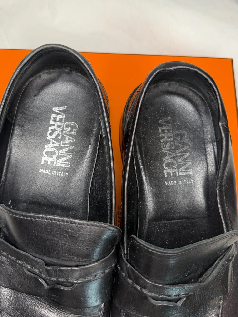 Versace Black Leather Slip-On Penny Loafers for Men